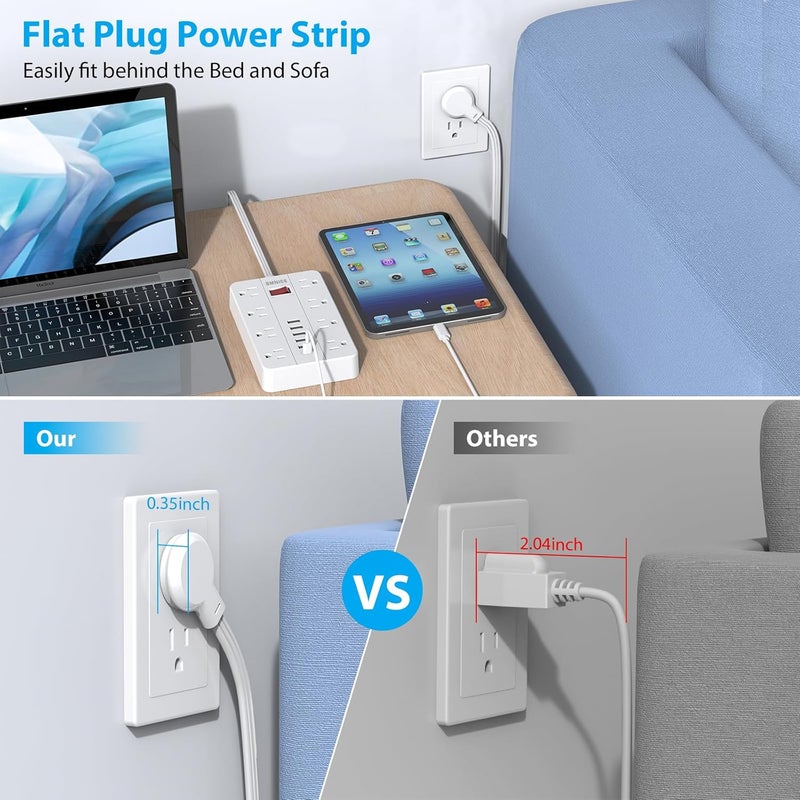 SMNICE Power Strip Surge Protector, Flat Plug Long Extension Cord 10 Ft with 8 Widely Spaced Outlets 6USB(1 USB C) Charging Station, Wall Mount for Dorm Home, Office Accessories,White - Image 2